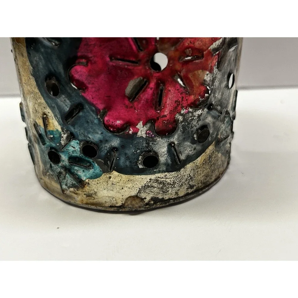 Vintage Handmade Mexican Punched Tin Lantern Luminary Folk Art Candle Holder